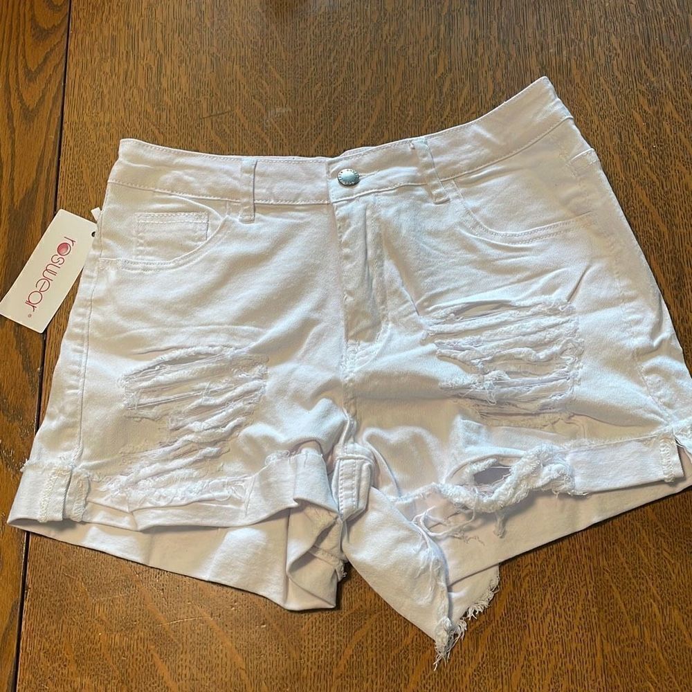 Roswear NWT white distressed ripped stretch denim jean shorts  L 12-14